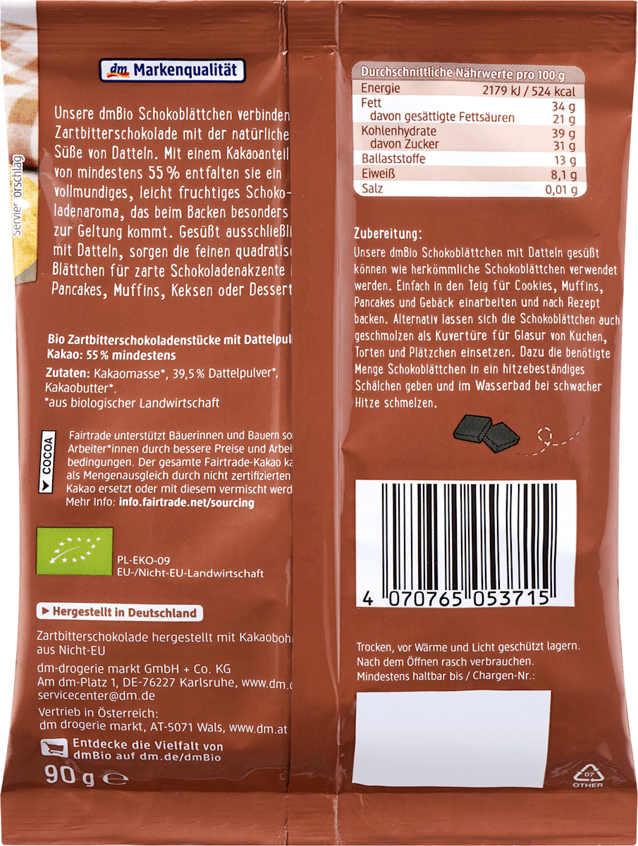 dmBio Schokoblättchen mit Datteln gesüßt, 90 g