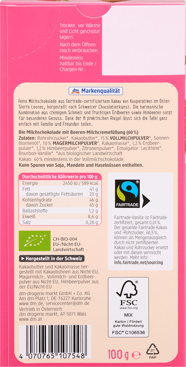 dmBio Schokolade, Berries & Creme, 100 g