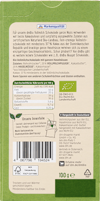 Schokolade, Vollmilch Schokolade ganze Haselnuss 20 %, 100 g