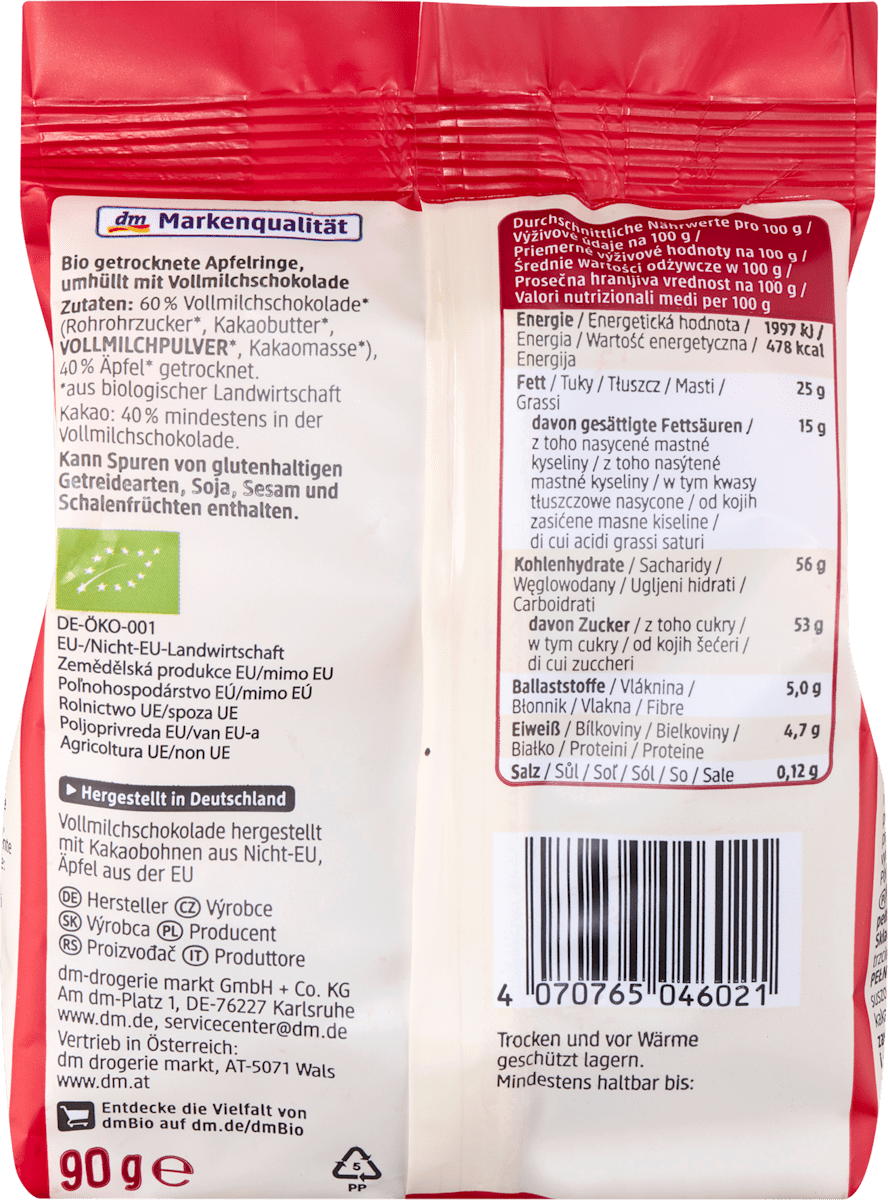 dmBio Schokolierte Apfelringe, Vollmilch, 90 g
