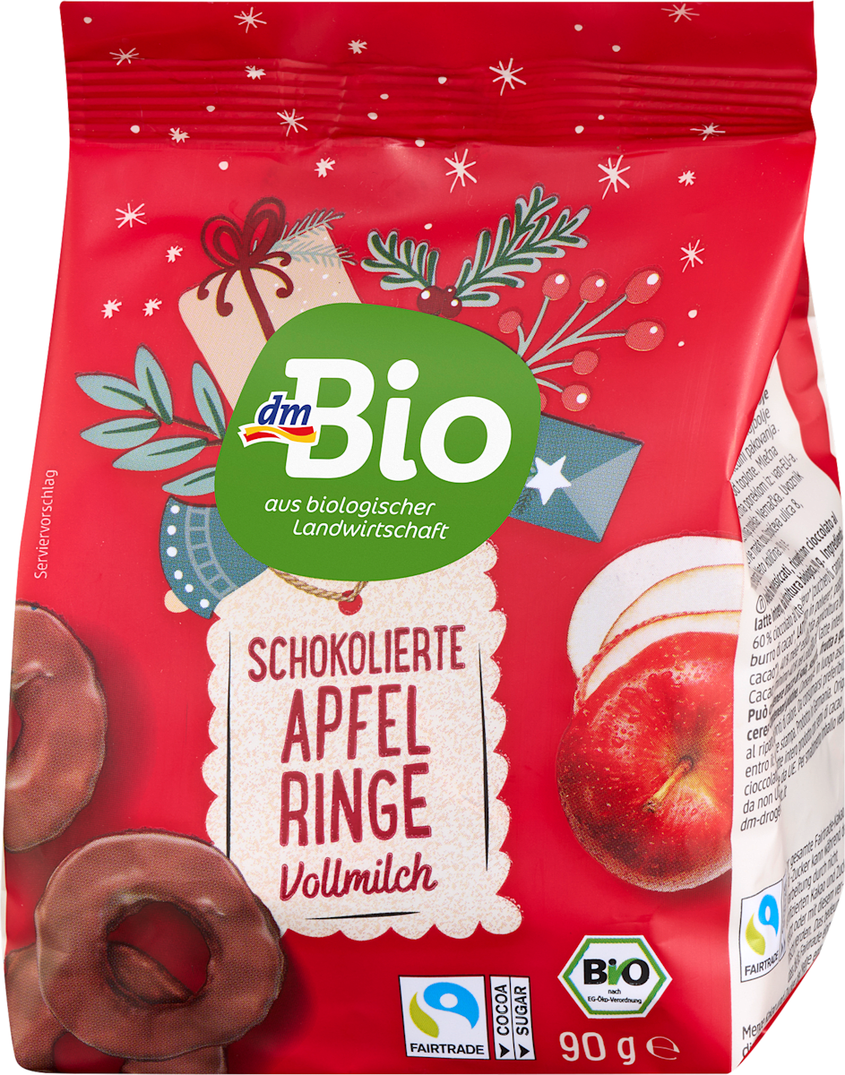dmBio Schokolierte Apfelringe, Vollmilch, 90 g