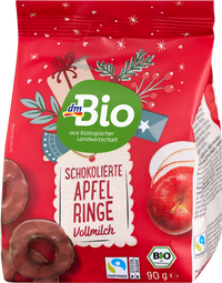 dmBio Schokolierte Apfelringe, Vollmilch, 90 g