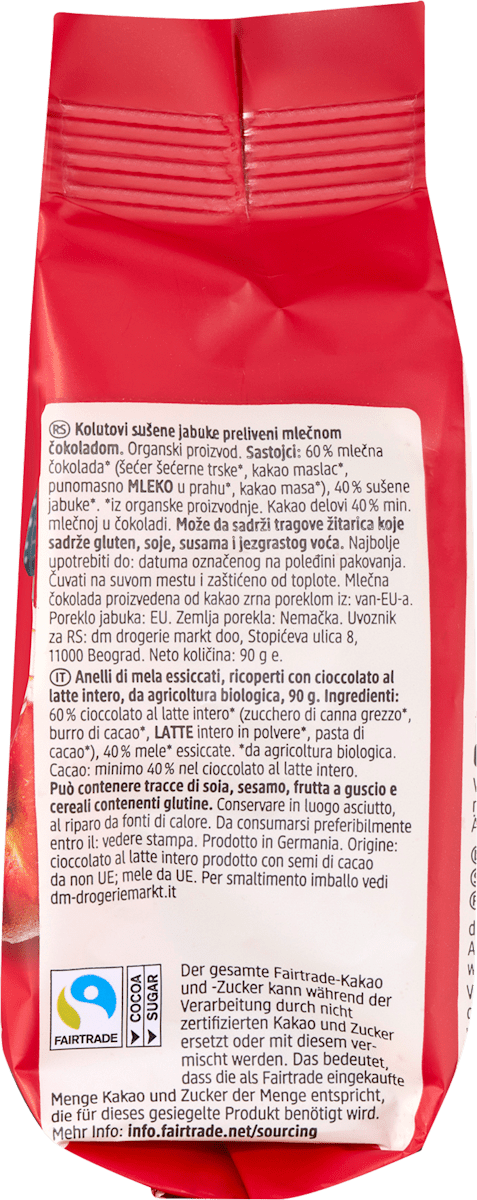 dmBio Schokolierte Apfelringe, Vollmilch, 90 g
