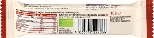 Schokoriegel, Edelmarzipan mit Honig & Zartbitterschokolade, 40 g