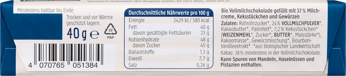 dmBio Schokoriegel Milch Keks, 40 g