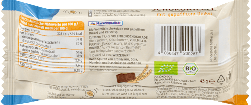 Schokoriegel, Vollmilch mit gepufftem Dinkel, 45 g