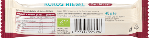 Schokoriegel, Zartbitter Kokos, 40 g