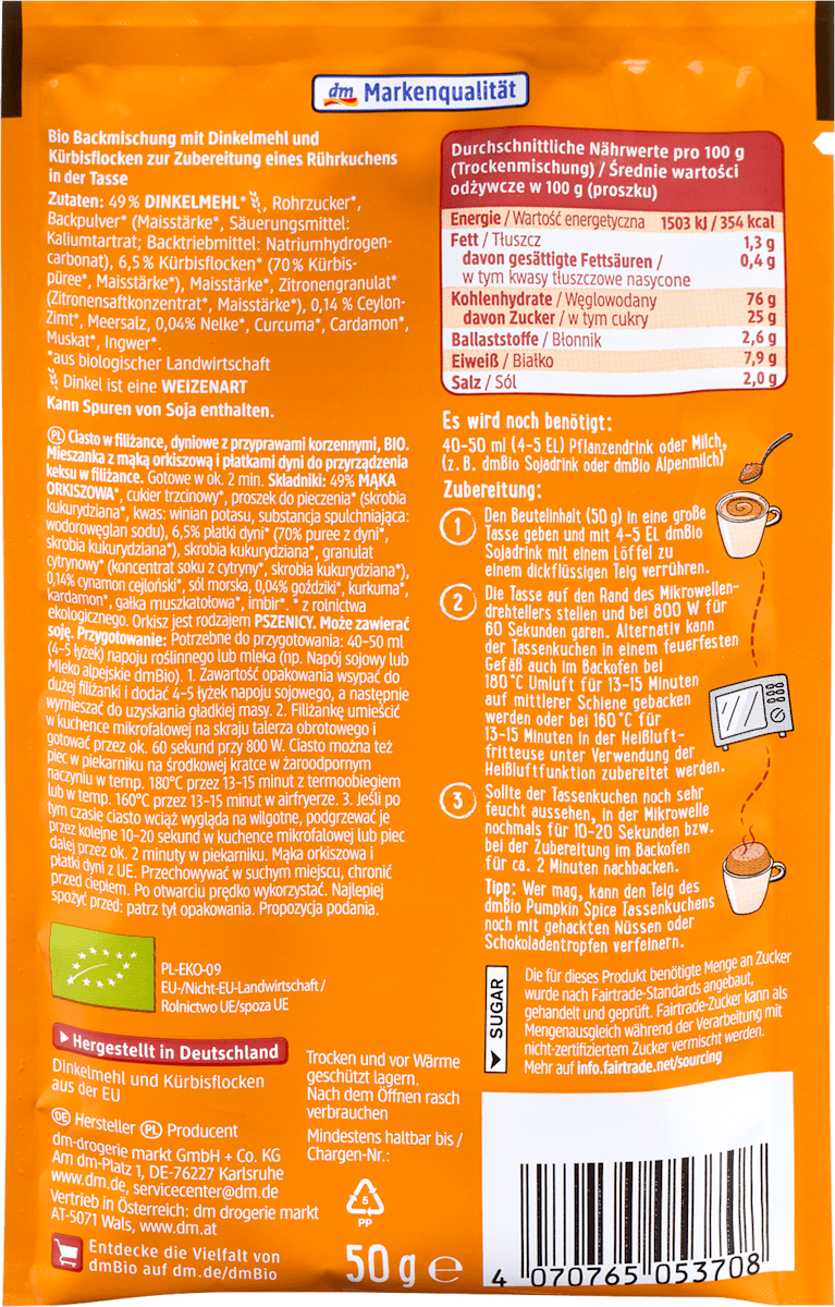 dmBio Tassenkuchen, Pumpkin Spice, 50 g