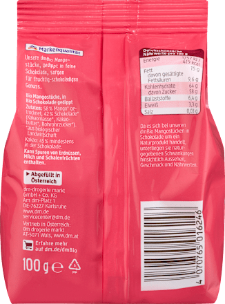 Trockenfrüchte, Mangostück in Schokolade gedippt, 100 g