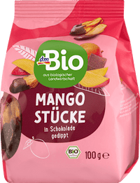 Trockenfrüchte, Mangostück in Schokolade gedippt, 100 g