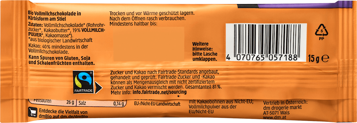 dmBio Vollmilch Schokololly Kürbis, 15 g