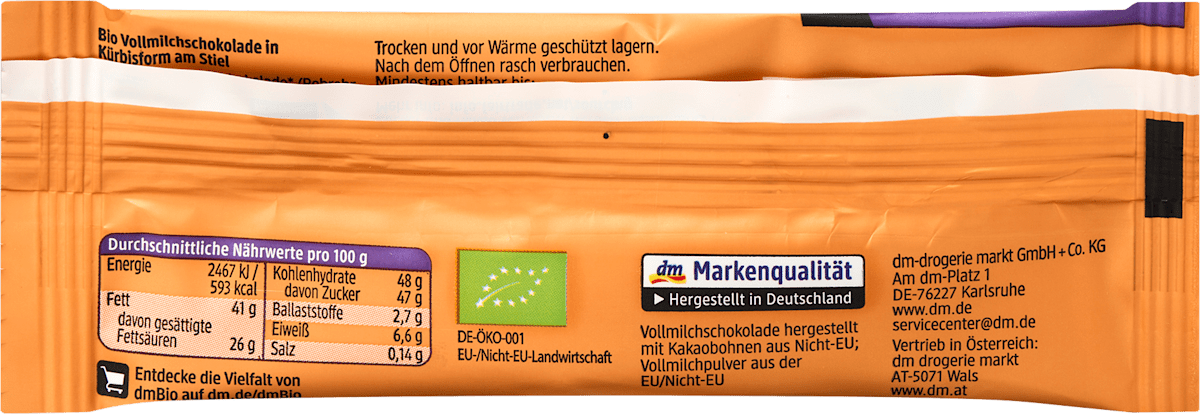 dmBio Vollmilch Schokololly Kürbis, 15 g