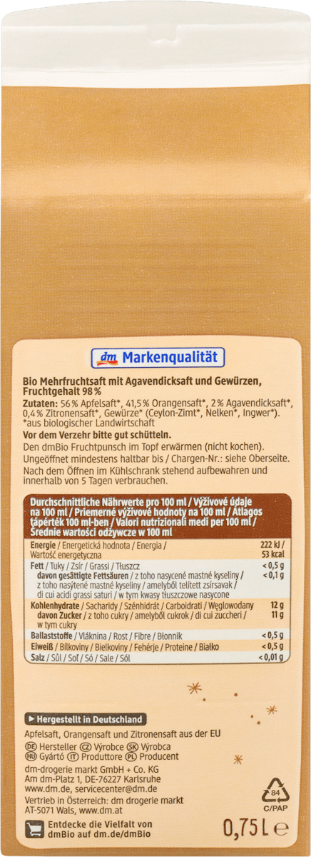 dmBio Winterpunsch, Apfel-Orange-Zitrone, 750 ml