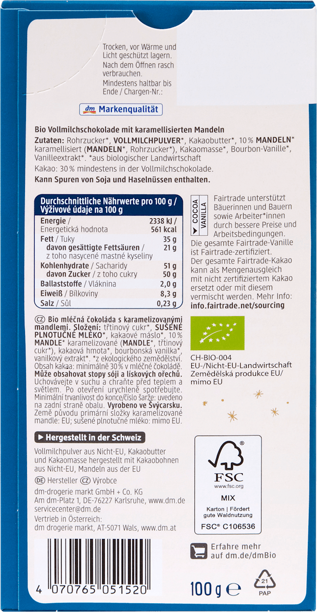 dmBio Winterschokolade, gebrannte Mandeln, 100 g
