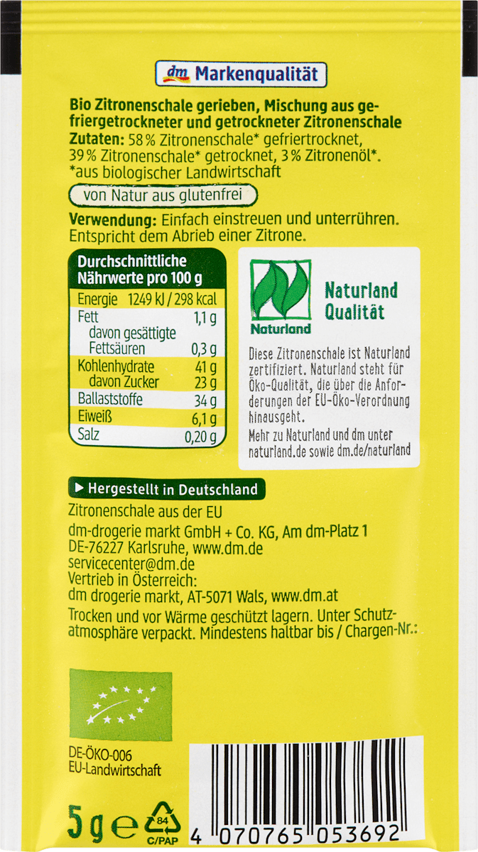 dmBio Zitronenschale gerieben 2 x 5 g, 10 g