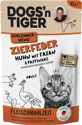 Nassfutter Katze mit Huhn, Fasan & Pastinake, Zierfeder, 85 g