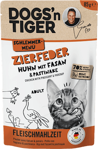 Nassfutter Katze mit Huhn, Fasan & Pastinake, Zierfeder, 85 g