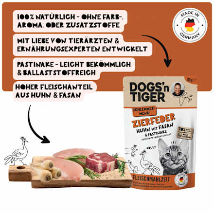 Nassfutter Katze mit Huhn, Fasan & Pastinake, Zierfeder, 85 g