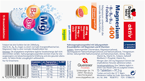 Magnesium 400 + Vitamine B6 + B12 + Folsäure Brausetabletten 15 St., 97,5 g
