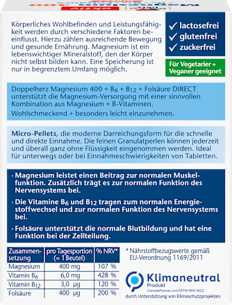 Magnesium 400 + Vitamines B6 + B12 + Foliumzuur Direct Granulaat 20 stuks, 24 g