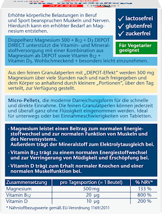 Magnesium 500 +B12 +D3 Direktgranulat 20 St, 32 g