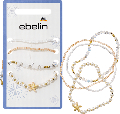 ebelin Armbänder elastisch mit Perlen, weiß/Gold-Optik, 4 St