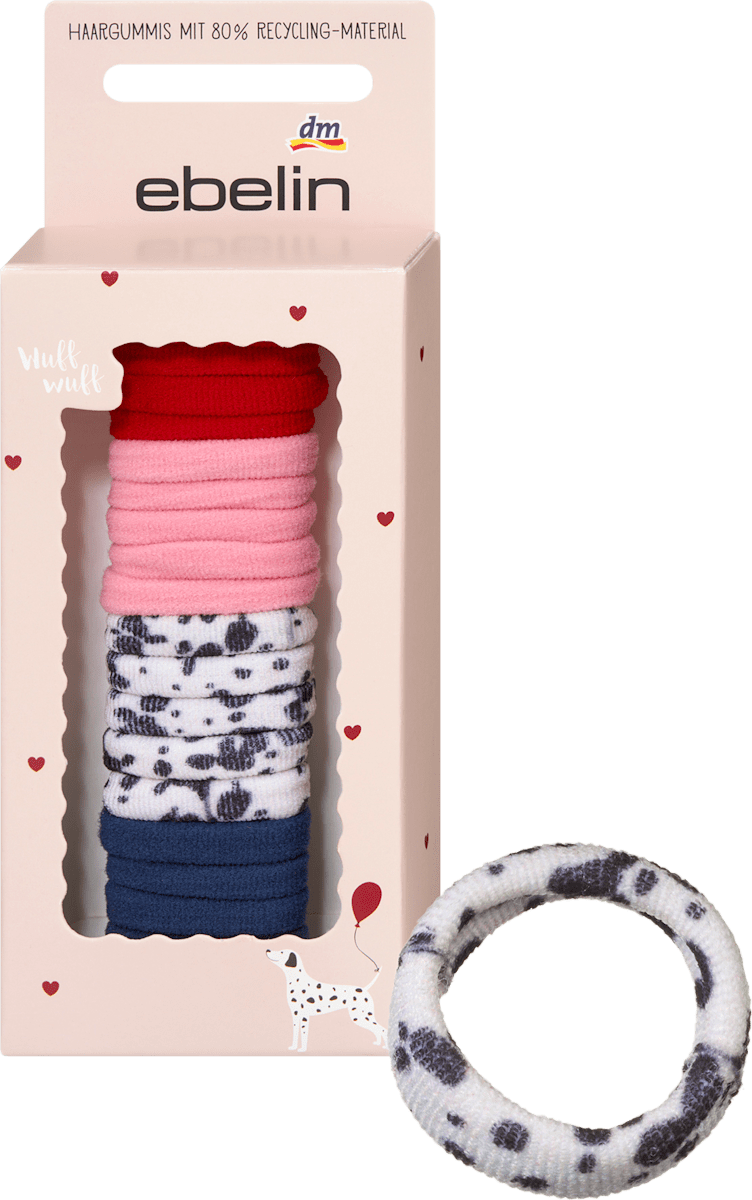 Haargummis in Box, Dalmatiner-Muster, rot, blau, rosa, 20 St