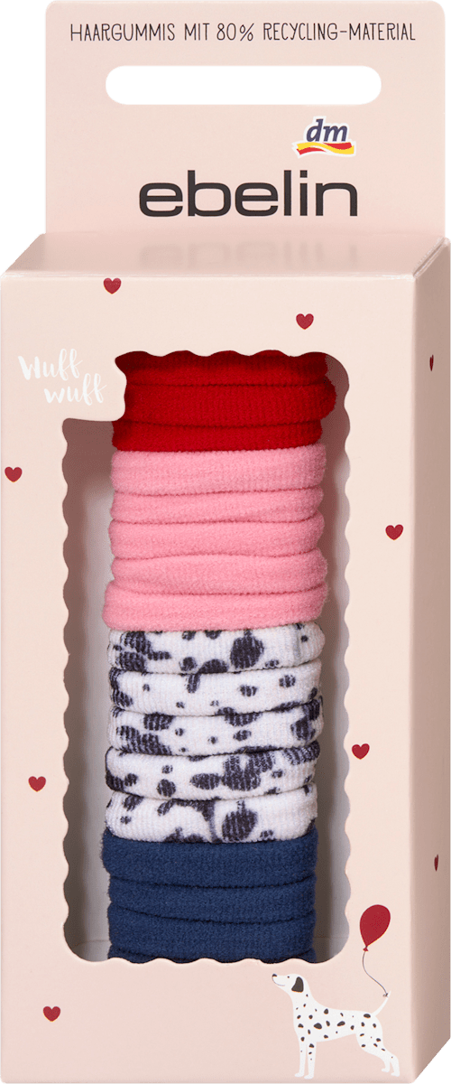 Haargummis in Box, Dalmatiner-Muster, rot, blau, rosa, 20 St