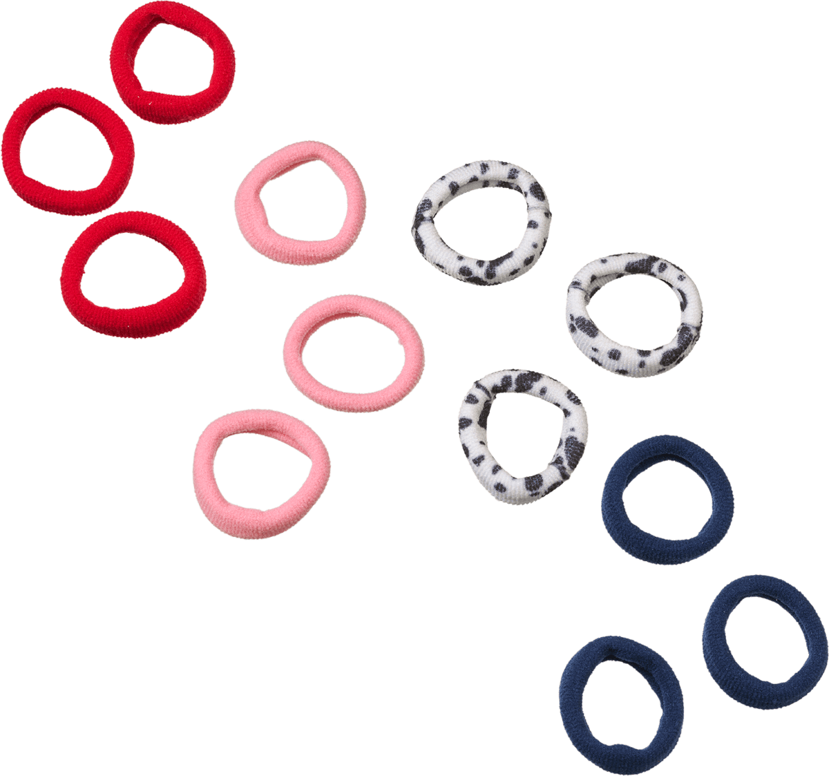 Haargummis in Box, Dalmatiner-Muster, rot, blau, rosa, 20 St