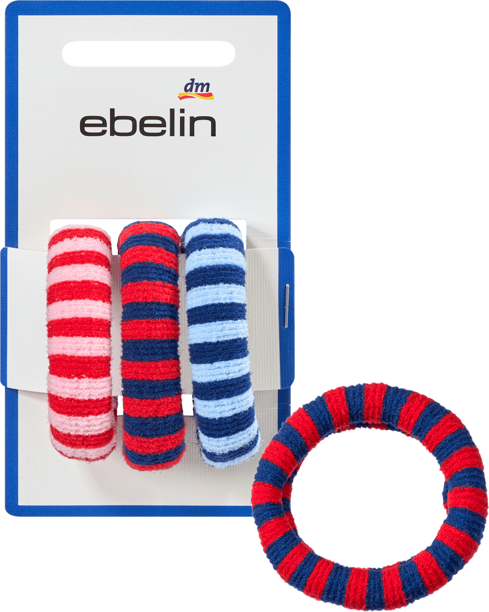 Haargummis mit Streifen, rot, rosa, blau, 3 St