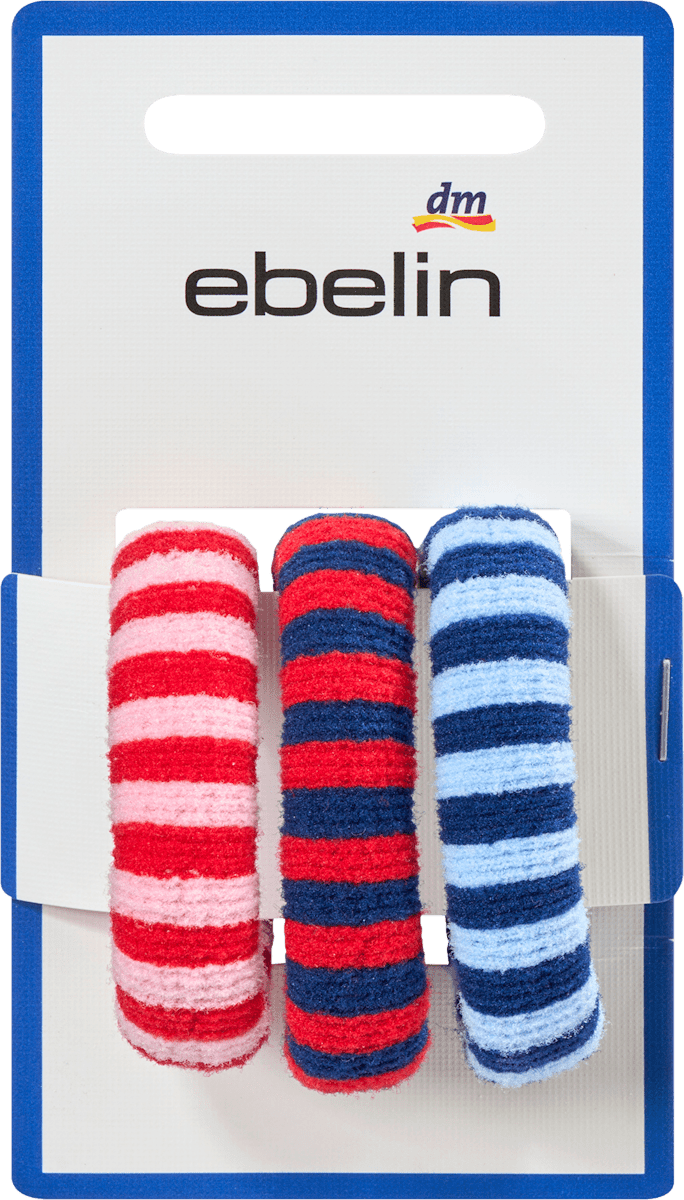 Haargummis mit Streifen, rot, rosa, blau, 3 St