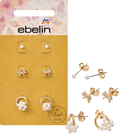 Oorbellen met parels en strikjes, verguld, 6 stuks