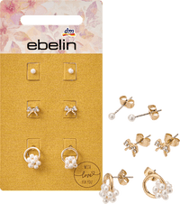 Oorbellen met parels en strikjes, verguld, 6 stuks