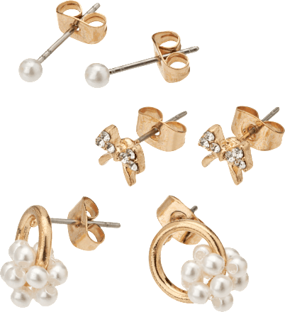 Oorbellen met parels en strikjes, verguld, 6 stuks
