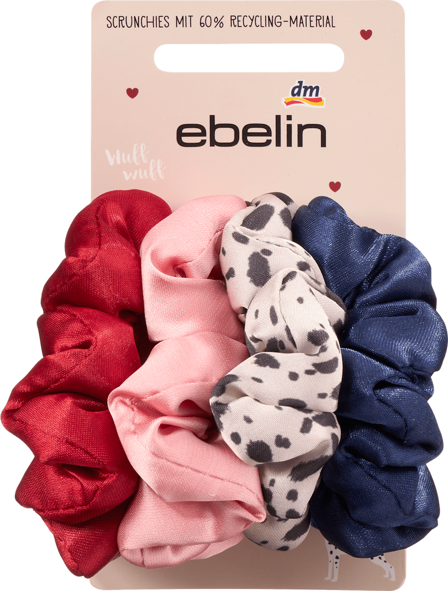 Scrunchies, Dalmatiner-Muster / rot / blau / rosa, 4 St