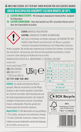 Vollwaschmittel Pulver Universal, 18 Wl ECOVER