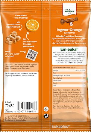 Bonbon, Ingwer-Orange, zuckerfrei, 75 g
