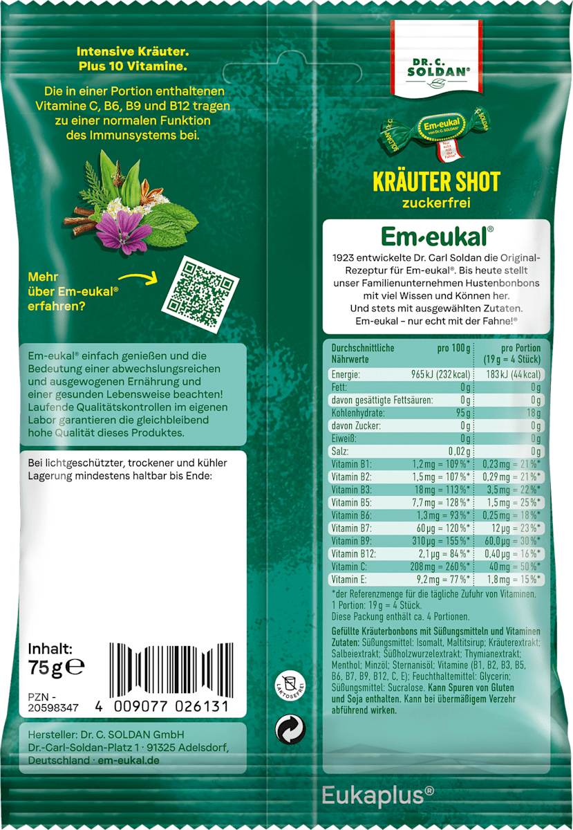 Bonbon Em-eukal, shot aux plantes, fourré, sans sucre, 75 g
