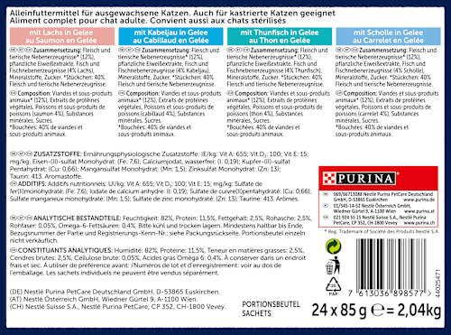Nat kattenvoer, diverse smaken van water in gelei, multipack (24 x 85 g), 2,04 kg