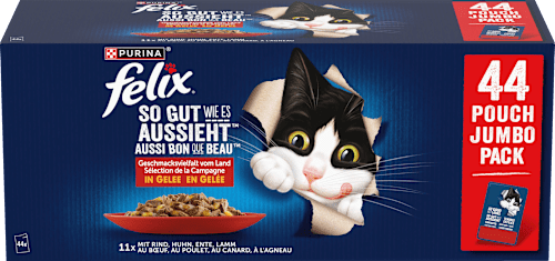 Nassfutter Katze, Geschmacksvielfalt vom Land mit Rind, Huhn, Ente & Lamm in Gelee, Multipack (44x85 g), 3,74 kg