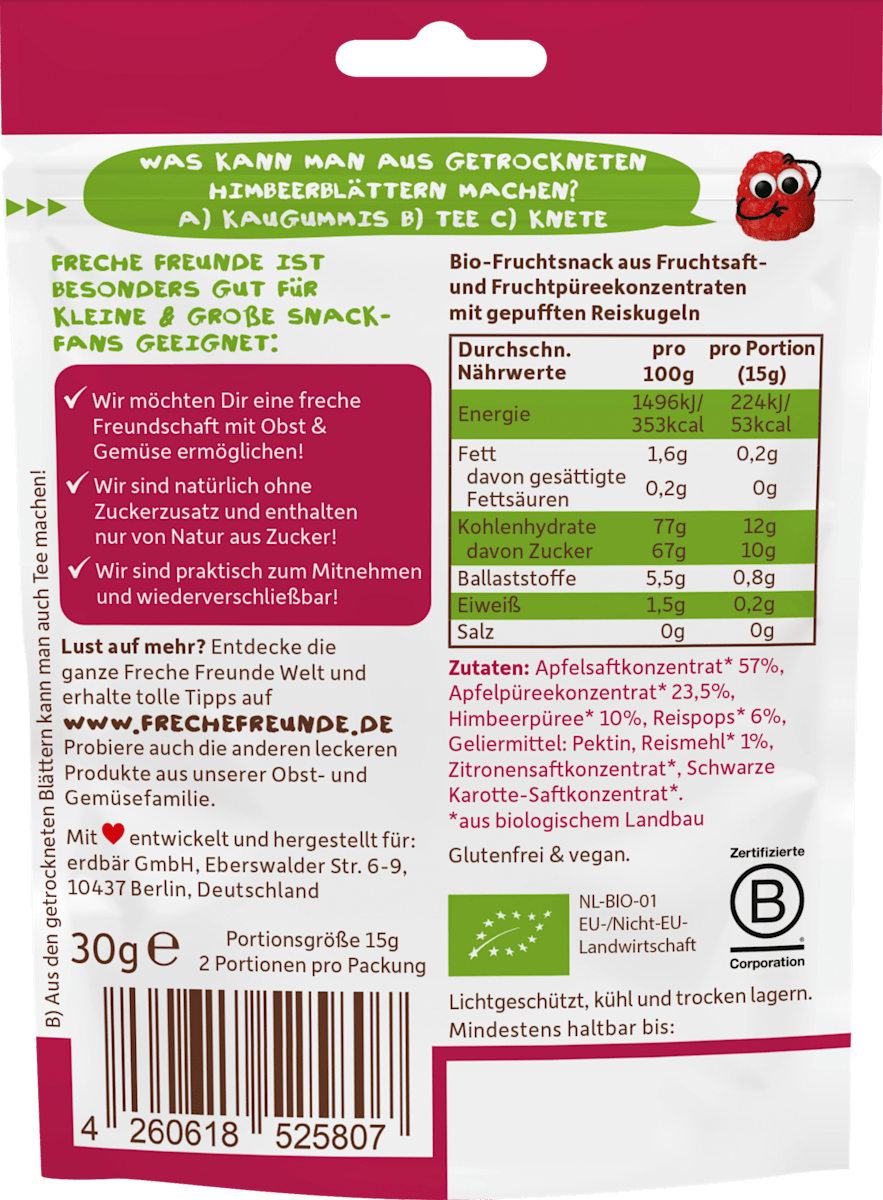 Freche Freunde Fruchtgummi Apfel-Himbeere mit Reispops, ab 4 Jahren, 30 g