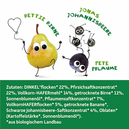 Fruchtriegel mit Getreide Pfirsich, Birne, Pflaume & schwarze Johannisbeere ab 3 Jahren, (4x23 g), 92 g