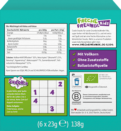 Kindersnack Crispy Riegel Kokos & Kakao ab 3+ Jahren (6x23 g), 138 g