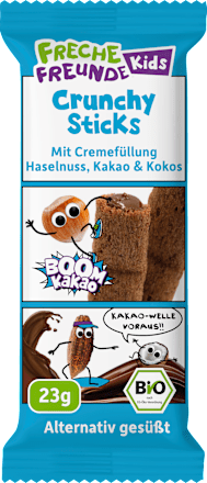Kindersnack Crunchy Sticks mit Cremefüllung Haselnuss, Kakao & Kokos ab 4 Jahren, 23 g
