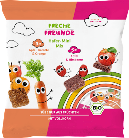 Kindersnack Hafer-Mini Mix Karotte, Apfel, Orange & Apfel, Himbeere ab 3 Jahren, 100 g