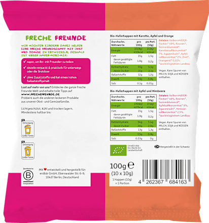 Kindersnack Hafer-Mini Mix Karotte, Apfel, Orange & Apfel, Himbeere ab 3 Jahren, 100 g
