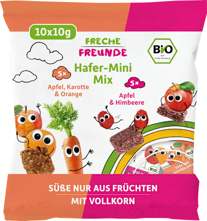 Kindersnack Hafer-Mini Mix Karotte, Apfel, Orange & Apfel, Himbeere ab 3 Jahren, 100 g