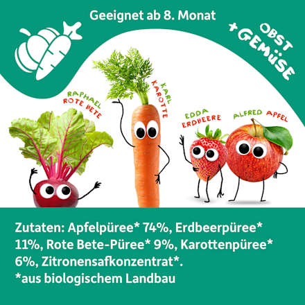 Quetschie Apfel, Erdbeere mit Rote Bete & Karotte ab dem 8. Monat, 100 g