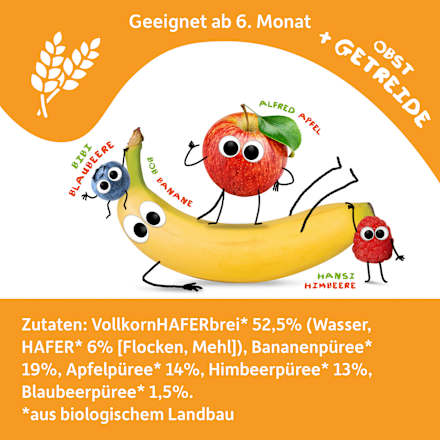 Quetschie Banane, Apfel, Himbeere, Blaubeere mit Hafer ab 6 Monaten, 100 g