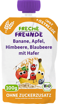 Quetschie Banane, Apfel, Himbeere, Blaubeere mit Hafer ab 6 Monaten, 100 g